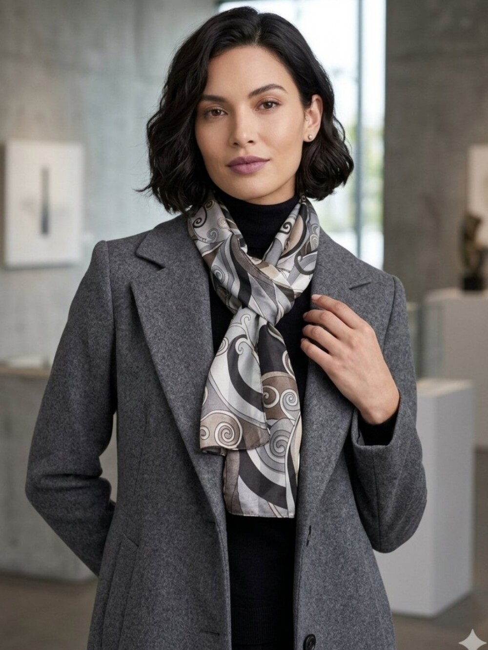 ALFRED SUNG | 100% Silk Oblong Scarf Gray, Taupe Black Modern Abstract Design